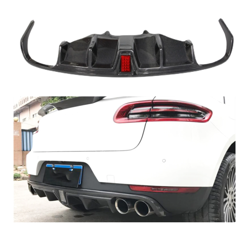 Carbon Fiber Rear Bumper Diffuser Lip Lower Spoiler Plate Splitter w/ LED Brake Lamp For Porsche Macan 2014-2021